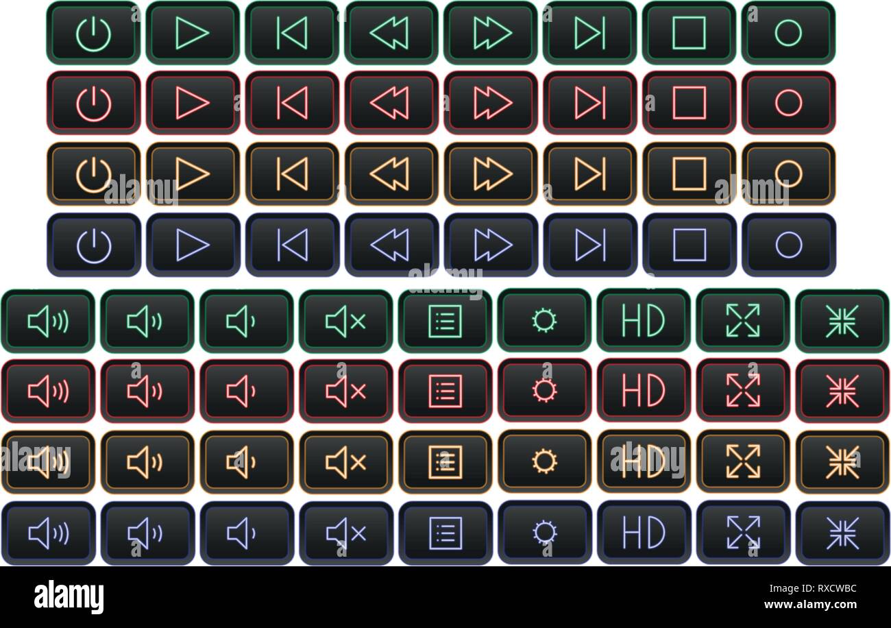 Einrichten des Media Player Buttons in Neon Farben Stock Vektor