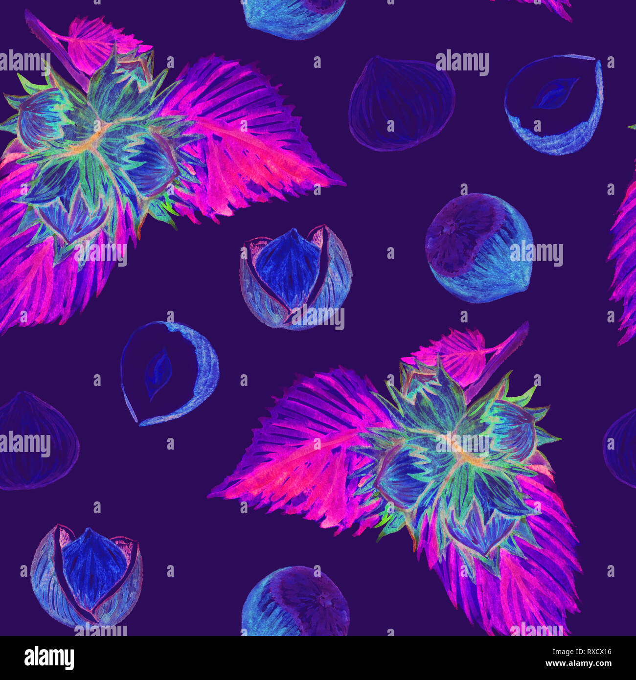 Haselnuss Zweig mit Muttern und mit geöffneten Shell, nahtlose Muster, handbemalte watercolor Illustration, Dark neon blau hintergrund Stockfoto