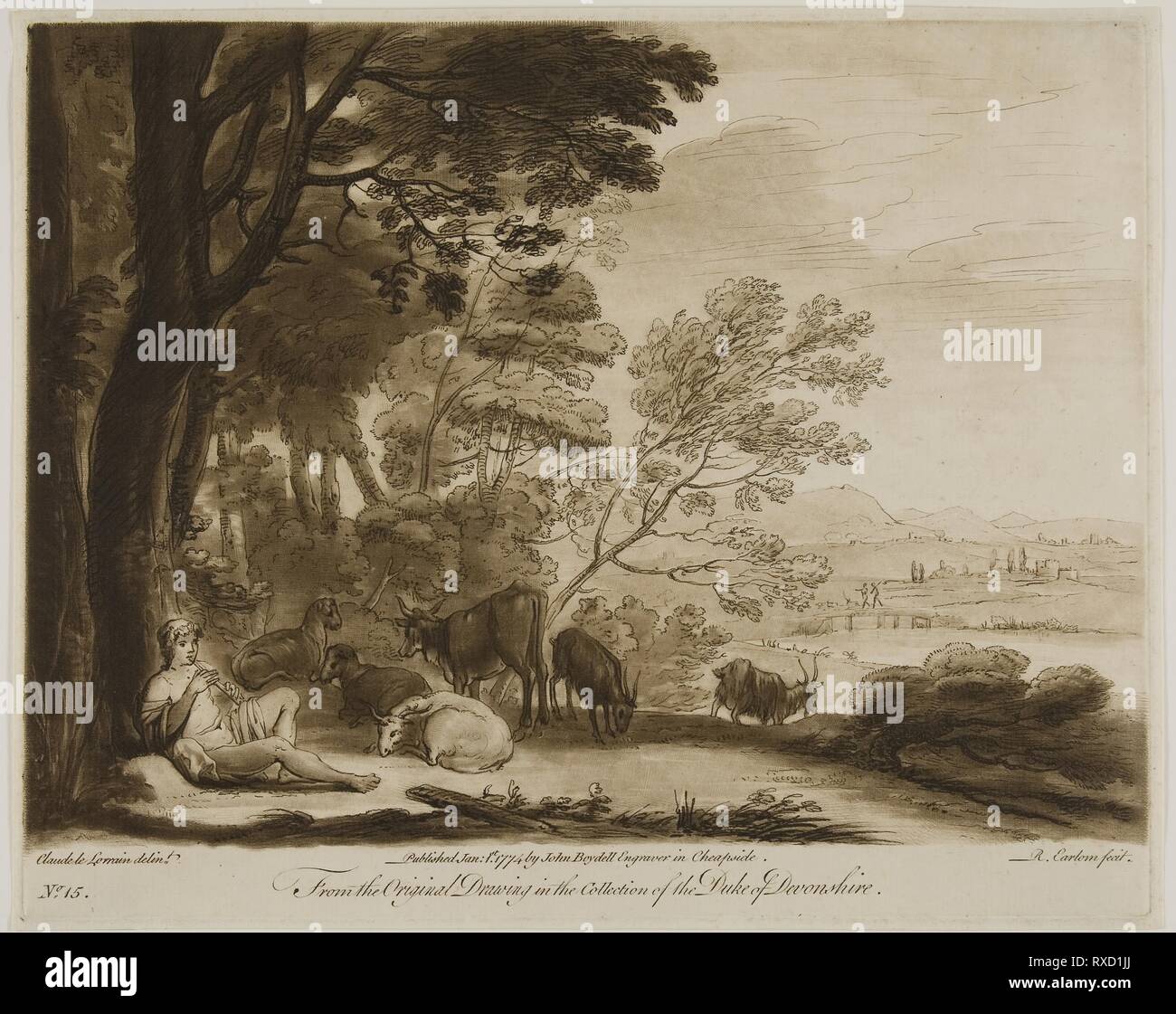 Hirte Spielen der Flöte. Richard Earlom (British, 1743-1822); nach Claude Lorrain (Französisch, 1600-1682). Datum: 1774. Abmessungen: 191 × 258 mm (Bild); 207 × 259 mm (Platte); 213 × 265 mm (Blatt). Schabkunst in Braun auf Creme Bütten. Herkunft: England. Museum: Das Chicago Art Institute. Stockfoto