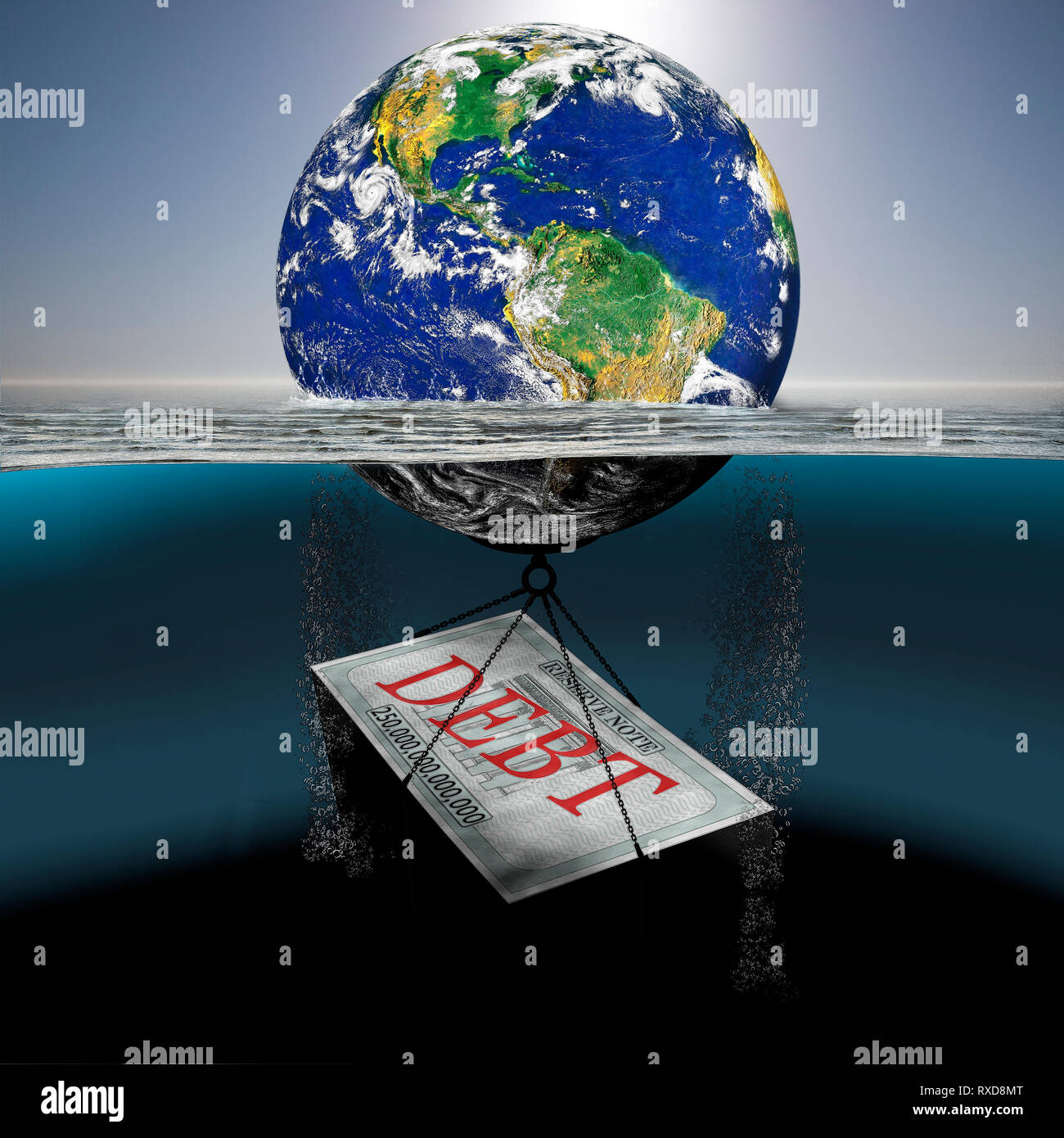 250 Billionen Dollar von explodierenden Schulden wird der Planet ertrinken Stockfoto
