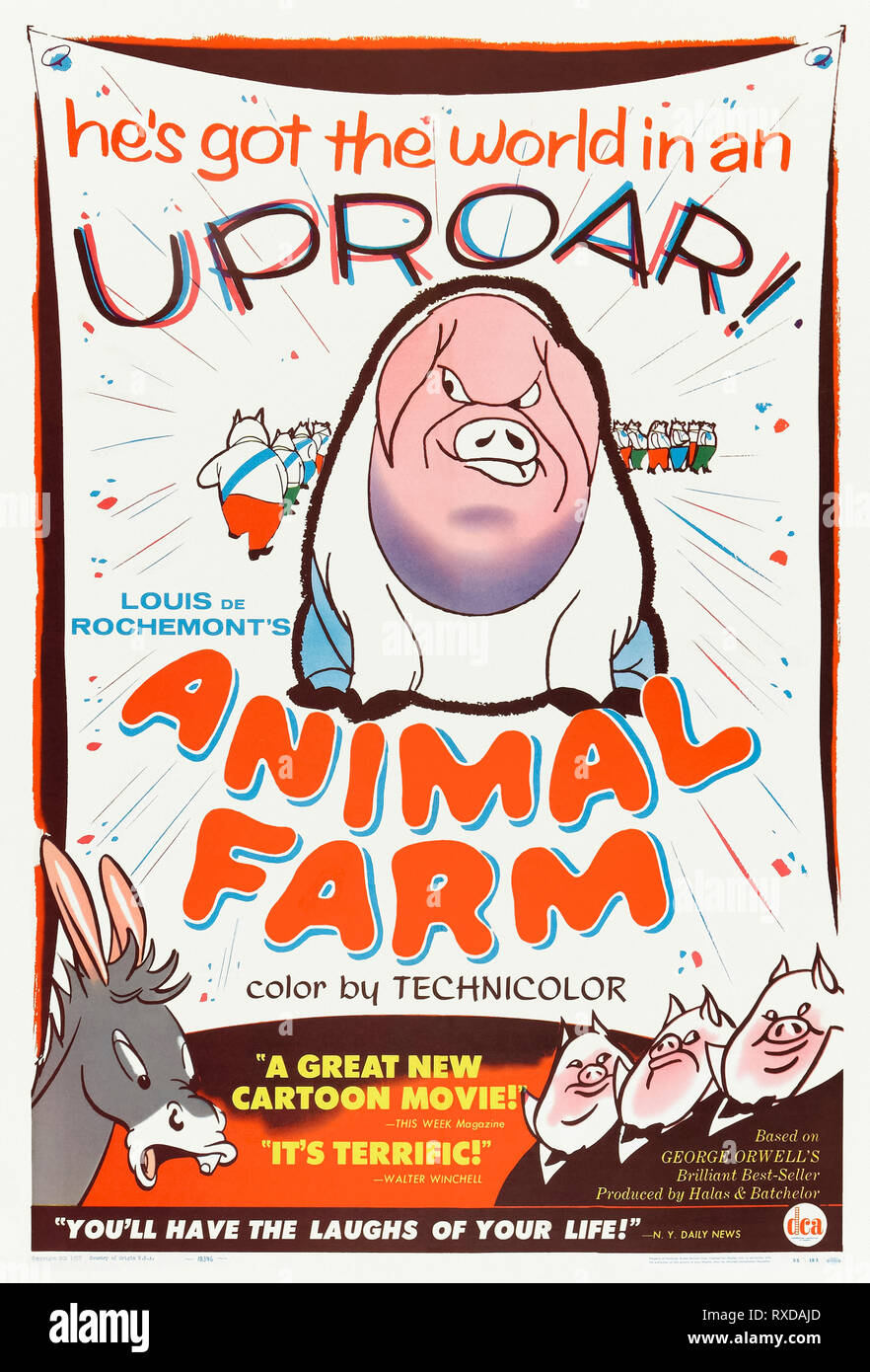 Animal Farm (1954) unter der Regie von Joy Batchelor und John Halas mit Gordon Heath und Maurice Denham. Animierte Adaption von George Orwells allegorischem Roman über den Aufstand von Nutztieren gegen einen menschlichen Bauern. Foto des vollständig restaurierten Originalposters aus dem Jahr 1955 (US-1-Blatt-Poster) NUR ZUR REDAKTIONELLEN VERWENDUNG. Kredit: BFA / DCA Stockfoto Animal Farm (1954) unter der Regie von Joy Batchelor und John Halas mit Gordon Heath und Maurice Denham. Animierte Adaption von George Orwells allegorischem Roman über den Aufstand von Nutztieren gegen einen menschlichen Bauern. Foto des vollständig restaurierten Originalposters aus dem Jahr 1955 (US-1-Blatt-Poster) NUR ZUR REDAKTIONELLEN VERWENDUNG. Kredit: BFA / DCA Stockfoto