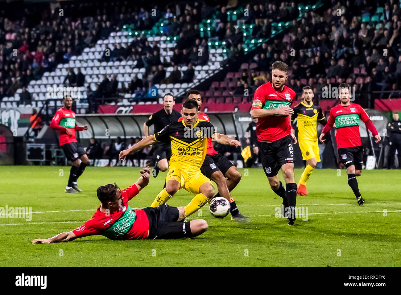 NEC Nijmegen - Roda JC, Fußball, Keuken Kampioen Divisie, Saison 2018-2019, 08-03-2019, Stadion de Goffert, Roda JC Kerkrade Spieler Florian Loshaj (M), NEC Spieler Josef Kvida (L), NEC Spieler Joey van den Berg (3R) Stockfoto
