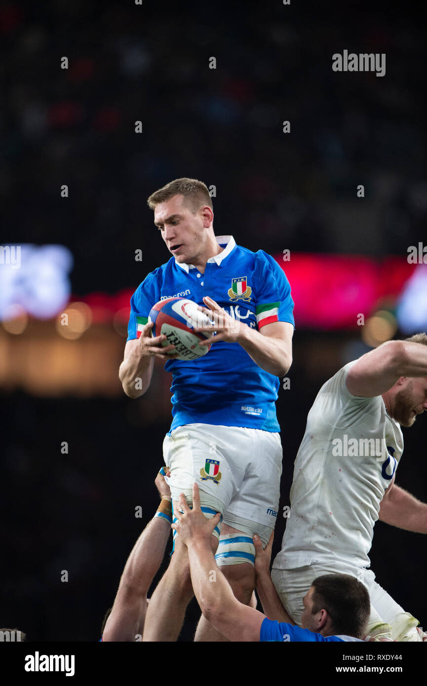 Twickenham, Gbr. 09 Mär, 2019. Twickenham, Vereinigtes Königreich, Samstag, 9. März 2019, Italien, Frederico RUZZA, sammelt die Linie, Kugel, während das Guinness sechs Nationen übereinstimmen, England gegen Italien, an der RFU Rugby, Stadion, Credit: Peter SPURRIER/Alamy leben Nachrichten Stockfoto