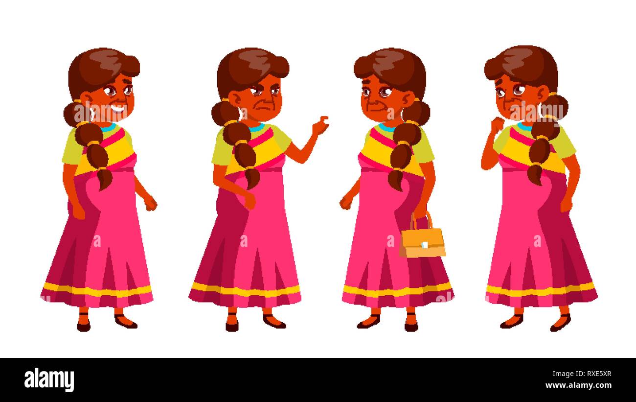 Indische alte Frau stellt ein Vektor. Ältere Menschen. Ältere Person. Im Alter. Comic Rentner. Lifestyle. Postkarte, Brief, Plakat Design. Isolierte Cartoon Stock Vektor