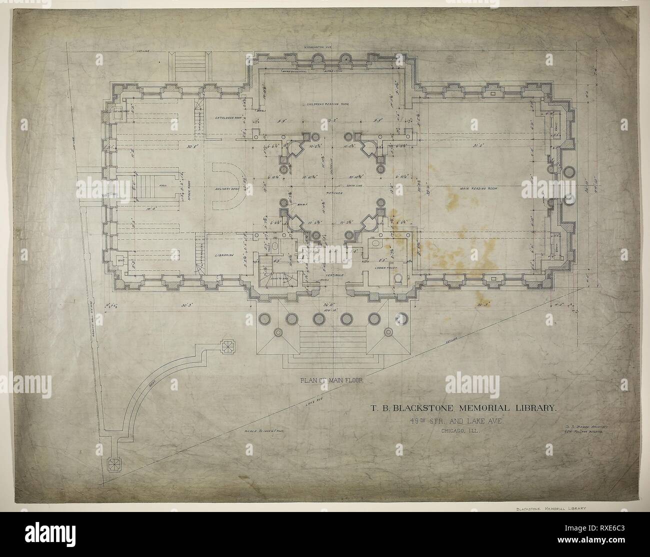 T.B. Blackstone Memorial Library, Chicago, Illinois, Main Floor Plan. Solon Spencer Beman; American, 1853-1914. Datum: 1901. Abmessungen: 70 × 89 cm (27 × 35 9/16, 1/16 in.). Tusche auf Leinen. Herkunft: USA. Museum: Das Chicago Art Institute. Stockfoto