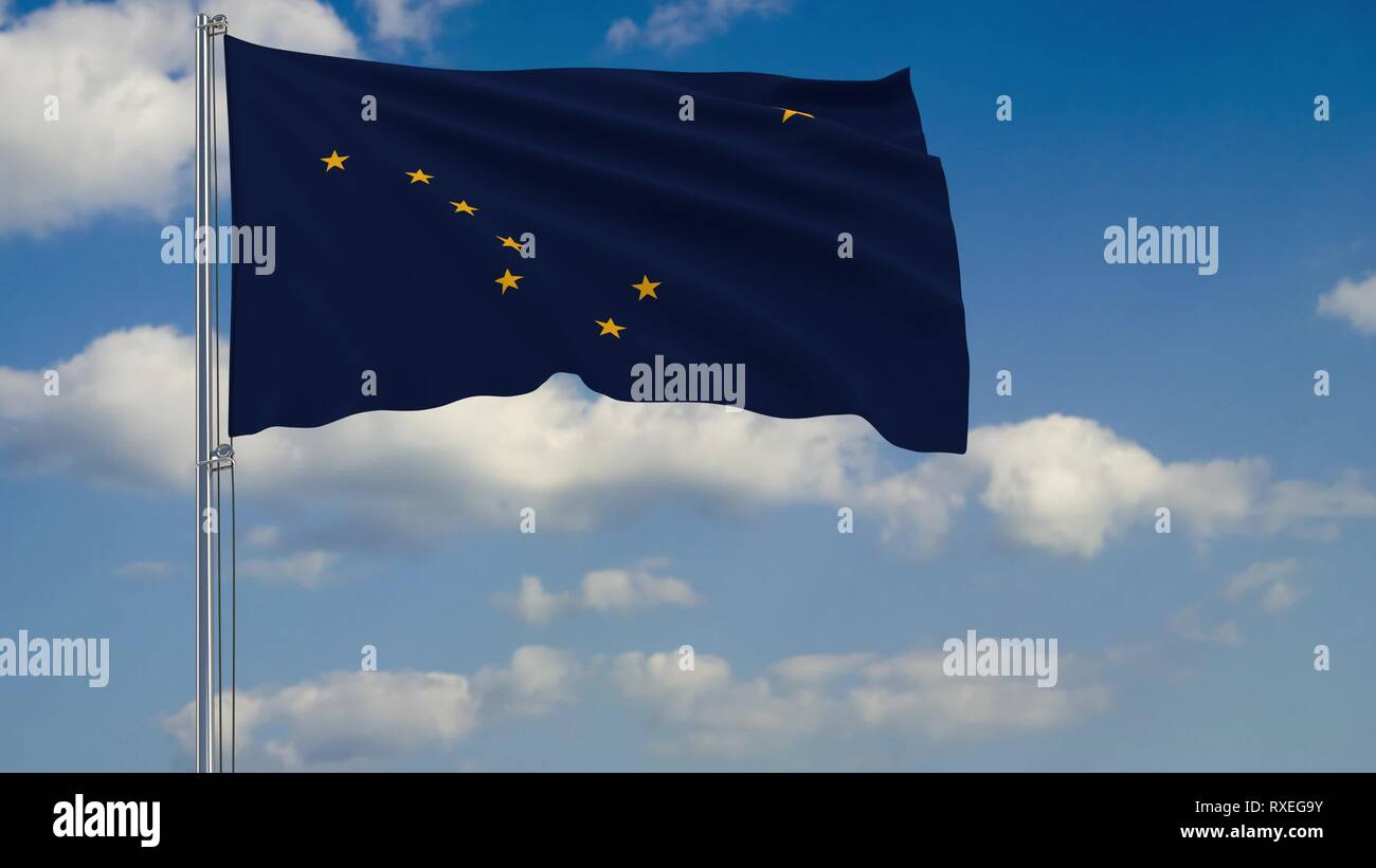 Flagge von Alaska - US-Staat im Wind gegen einen bewölkten Himmel 3D Rendering flatterte. Stockfoto