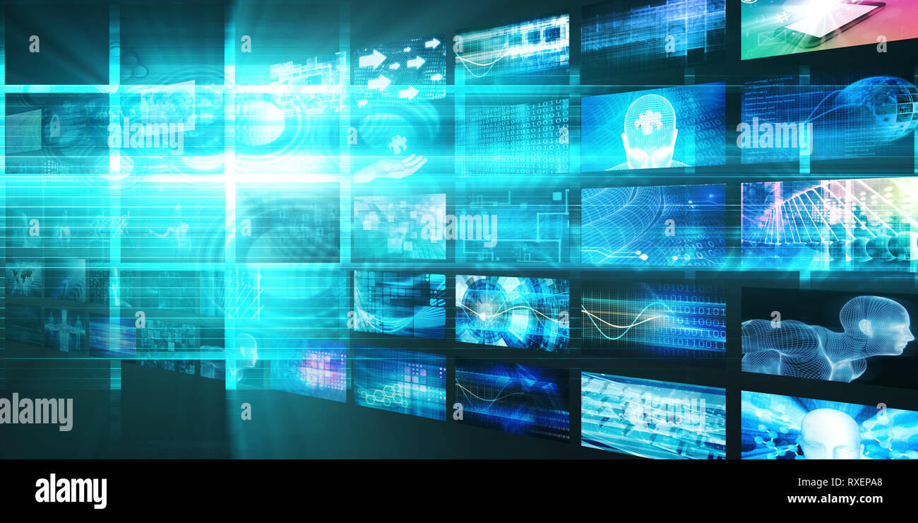 Medienkonzept Technologien als Videowand Hintergrund Stockfoto