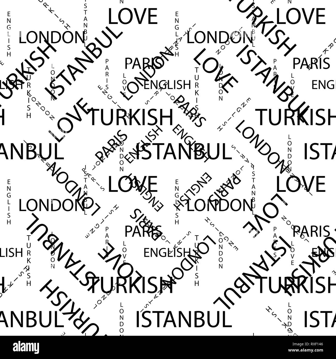 Nahtlose Muster aus handschriftlichen Text. Englisch London Paris türkische Wörter und Lettern von Hand in den Farben Schwarz und Weiß geschrieben. Eps 10. Stock Vektor
