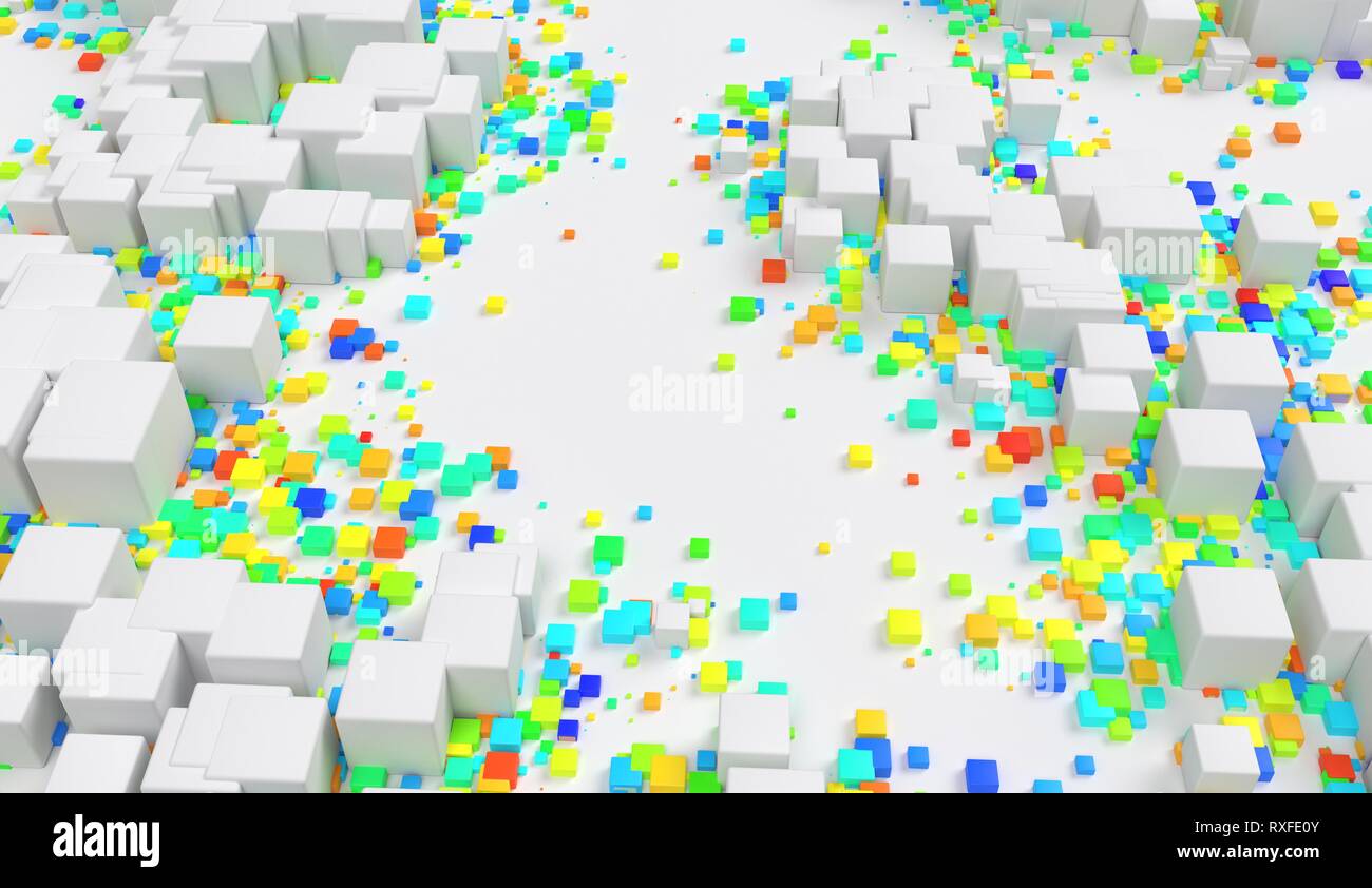 Geometrisch-abstrakte color Cubes random auf Hintergrund 3 D-Darstellung Stockfoto