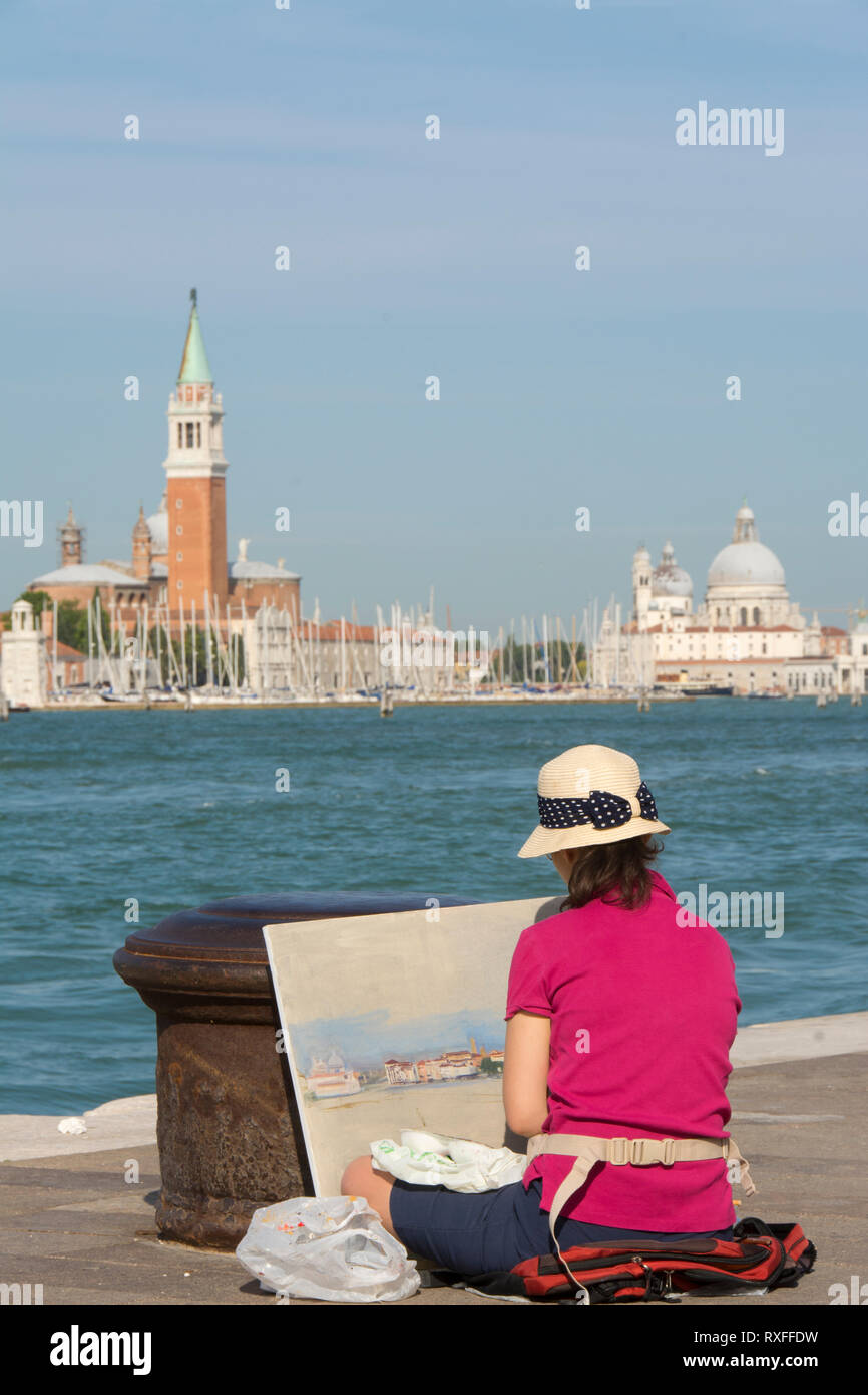 Künstler Malerei Blick auf San Giorgio Maggiore Basilica di Santa Maria della Salute am Zutritt zu den Canal Grande, Venedig, Italien Stockfoto