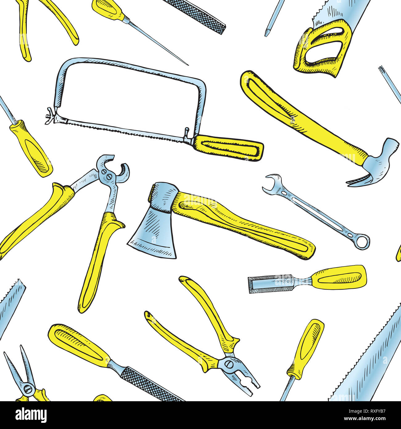 Handsäge, Schaffen Säge, Meißel, Ahle, Hammer, Feile, Schraubendreher, Schraubenschlüssel, Zangen und Ax, nahtlose Muster Design, Hand gezeichnet Doodle, Skizze in der Pop Art Stockfoto