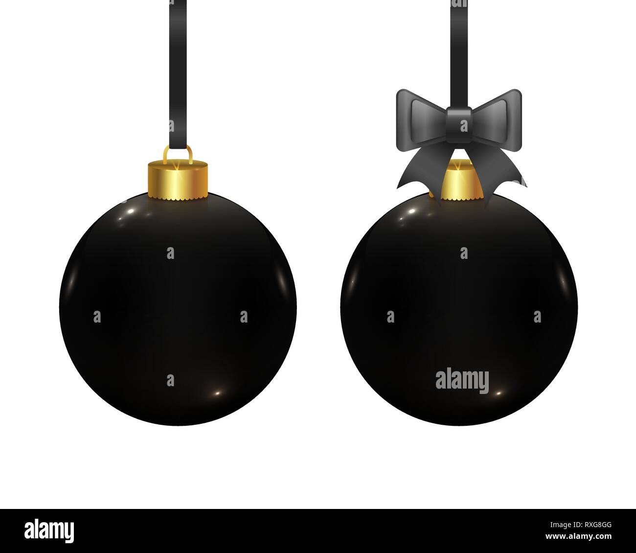 Schwarz Vektor realistische Weihnachtskugeln isoliert auf weißem Hintergrund. Satz von 2 schöne Weihnachten Spielzeug. Neues Jahr Kugeln mit Schleifenband. Stock Vektor