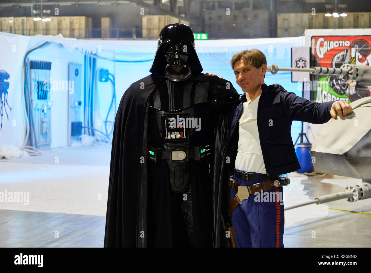 Mailand, Italien - 8. März 2019 Cartoomics Comic Con Darth Vader und Han Solo von Anfang wars Cosplay Stockfoto