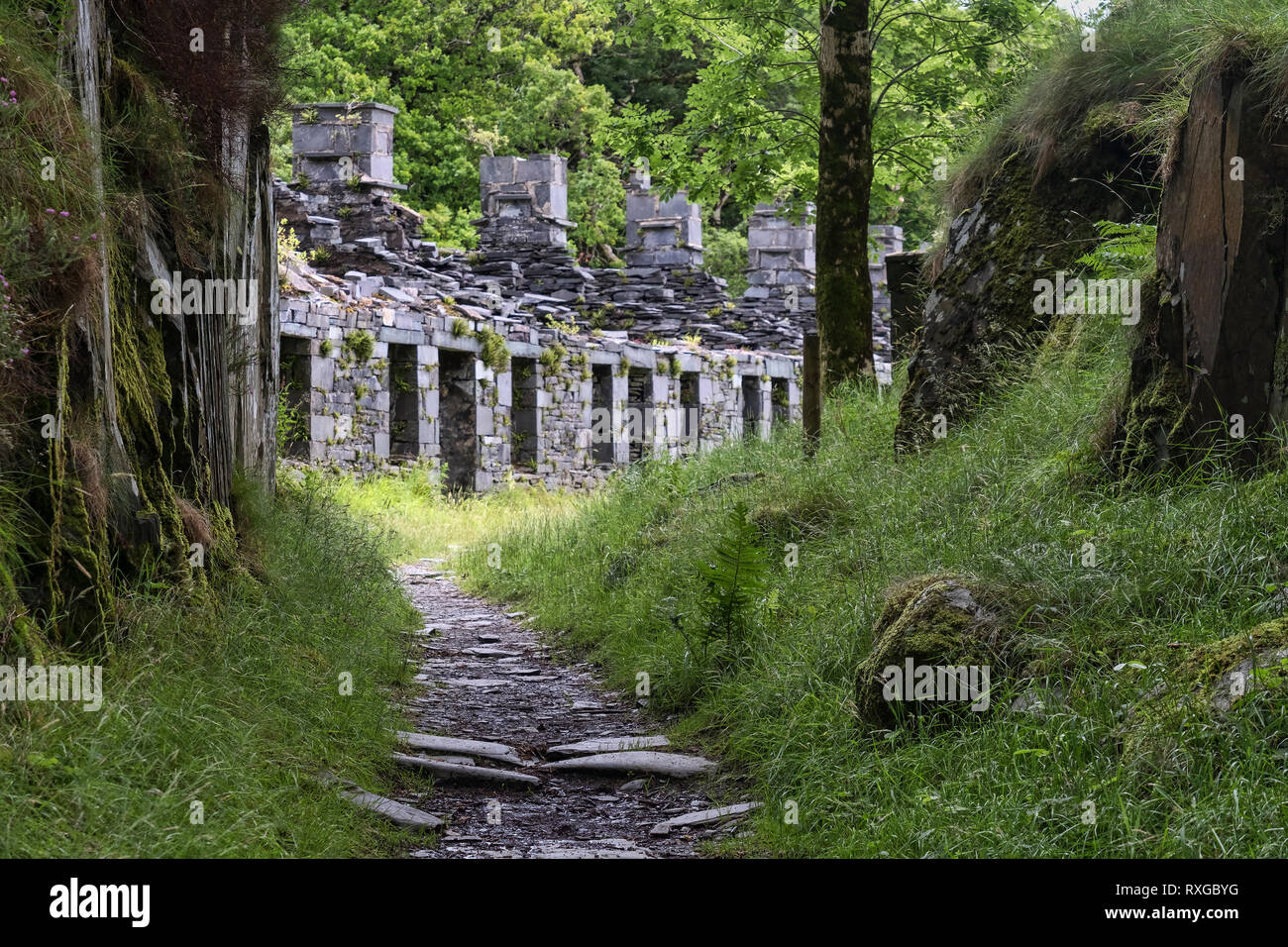 Anglesey Kasernen, Quarrymans Pfad, Dinorwic Steinbruch, Snowdonia National Park, North Wales, UK Stockfoto