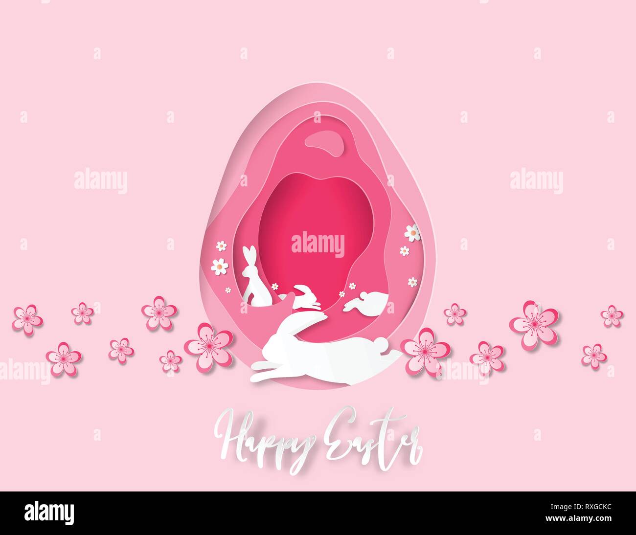 Kreative Abbildung: Papier schneiden Frohe Ostern Hintergrund mit Kaninchen und Blumen auf rosa Hintergrund. Digitale Handwerk und Papier kunst für Poster, Banner, pos Stock Vektor