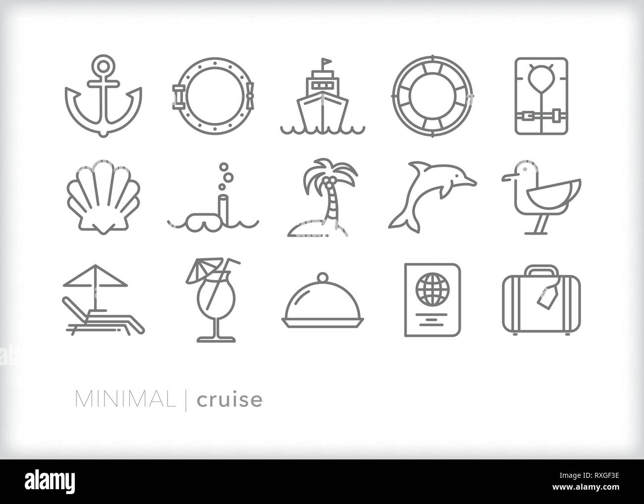 Satz von 15 Cruise Line Ikonen der Ferienhäuser reisen Reihen Stock Vektor