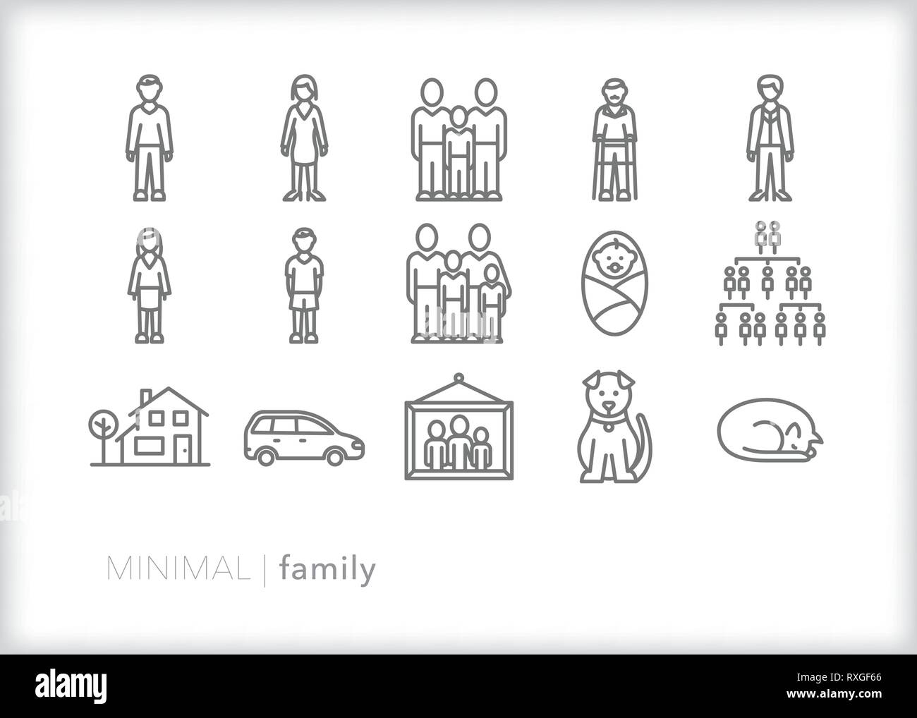 Satz von 15 Familie Zeile für Symbole der Menschen, Haustiere und Haus Stock Vektor