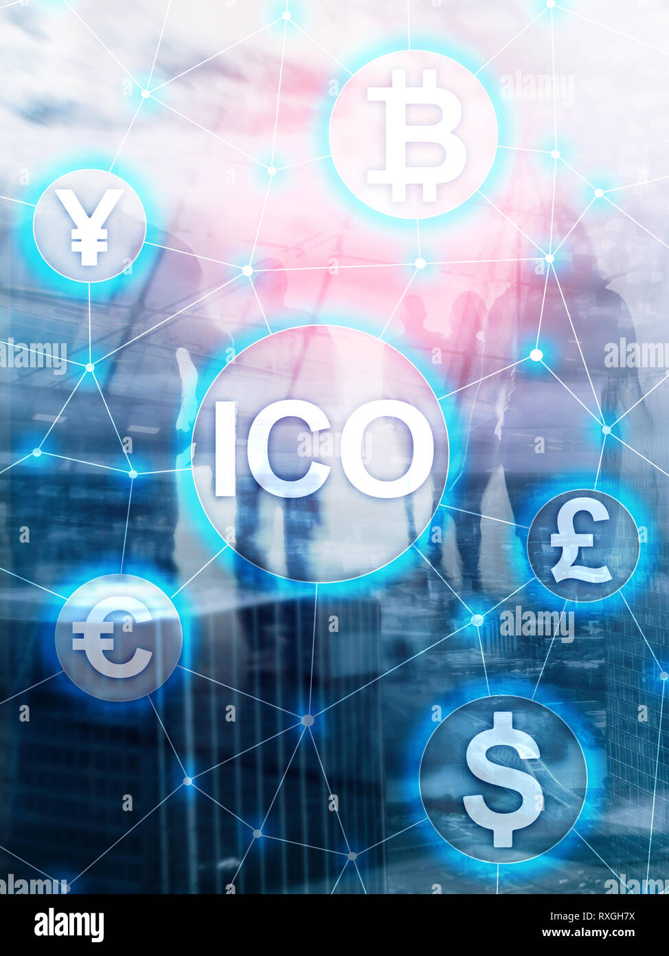 ICO - die erste Münze, und Blockchain cryptocurrency Konzept auf unscharfen Geschäft Gebäude Hintergrund. Abstrakte Cover Design vertikalen Format. Stockfoto