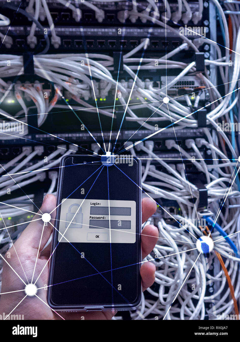 Weltkarte mit Kommunikation Netzwerk auf dem Server zimmer Hintergrund. Stockfoto