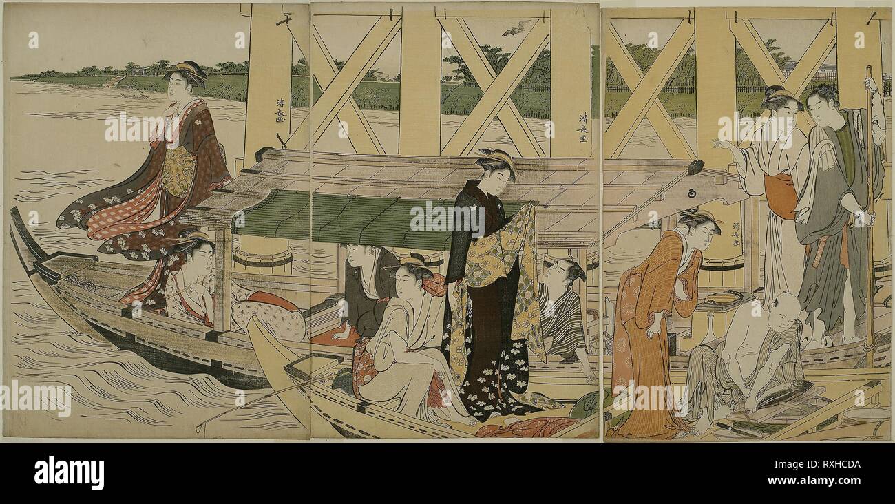 Sportboote unter Azuma Brücke. Torii Kiyonaga; Japanisch, 1752-1815. Datum: 1779-1789. Abmessungen: 38,7 x 25,8 cm (Blatt); 39,0 x 25,4 cm (Blatt); 39,0 x 26,1 cm (linke Seite). Farbe holzschnitt; Oban Triptychon. Herkunft: Japan. Museum: Das Chicago Art Institute. Stockfoto