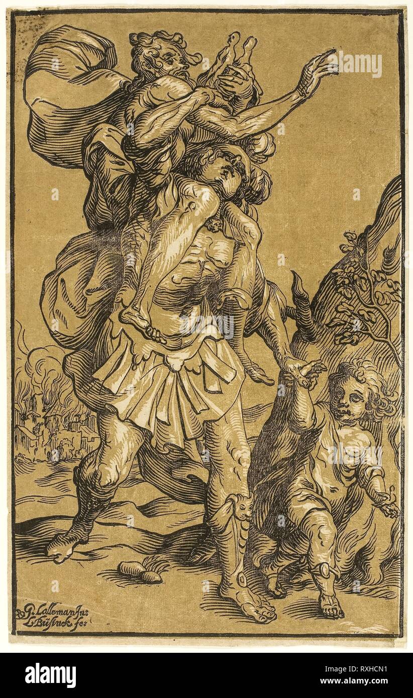 Aeneas, seinen Vater Anchises. Ludolph Büsinck (Deutsch, 1599/1602-1669); nach Georges Tann (Französisch, 1575-1636). Datum: 1643. Abmessungen: 348 x 218 mm (Grenze); 355 x 222 mm (Blatt). Chiaroscuro Holzschnitt aus zwei Blöcken (schwarze Linie block- und Beigetönen Block) auf Elfenbein Papier festgelegt gedruckt. Herkunft: Deutschland. Museum: Das Chicago Art Institute. Autor: Ludolph Büsinck. Ludwig Büsinck nach Georges Lallemand. Stockfoto