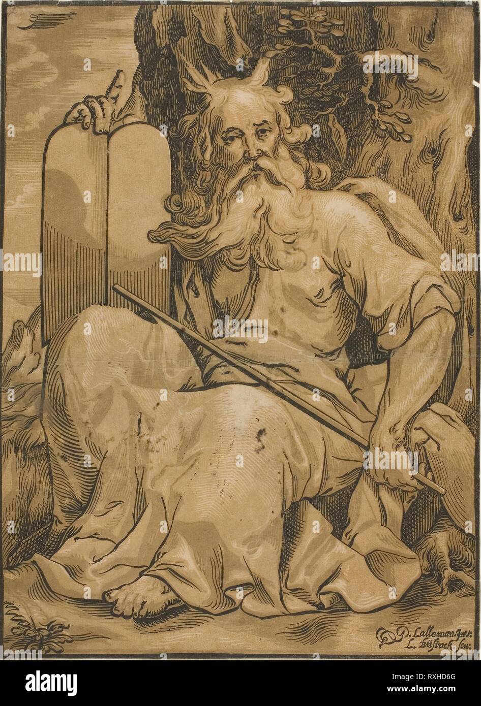 Moses mit den Gesetzestafeln. Ludolph Büsinck (Deutsch, 1585-1648); nach G. L'Allemand. Datum: 1605-1648. Abmessungen: 390 x 283 mm. Chiaroscuro Holzschnitt aus drei Blocks auf Papier. Herkunft: Deutschland. Museum: Das Chicago Art Institute. Autor: Ludolph Büsinck. Ludwig Büsinck nach Georges Lallemand. Stockfoto