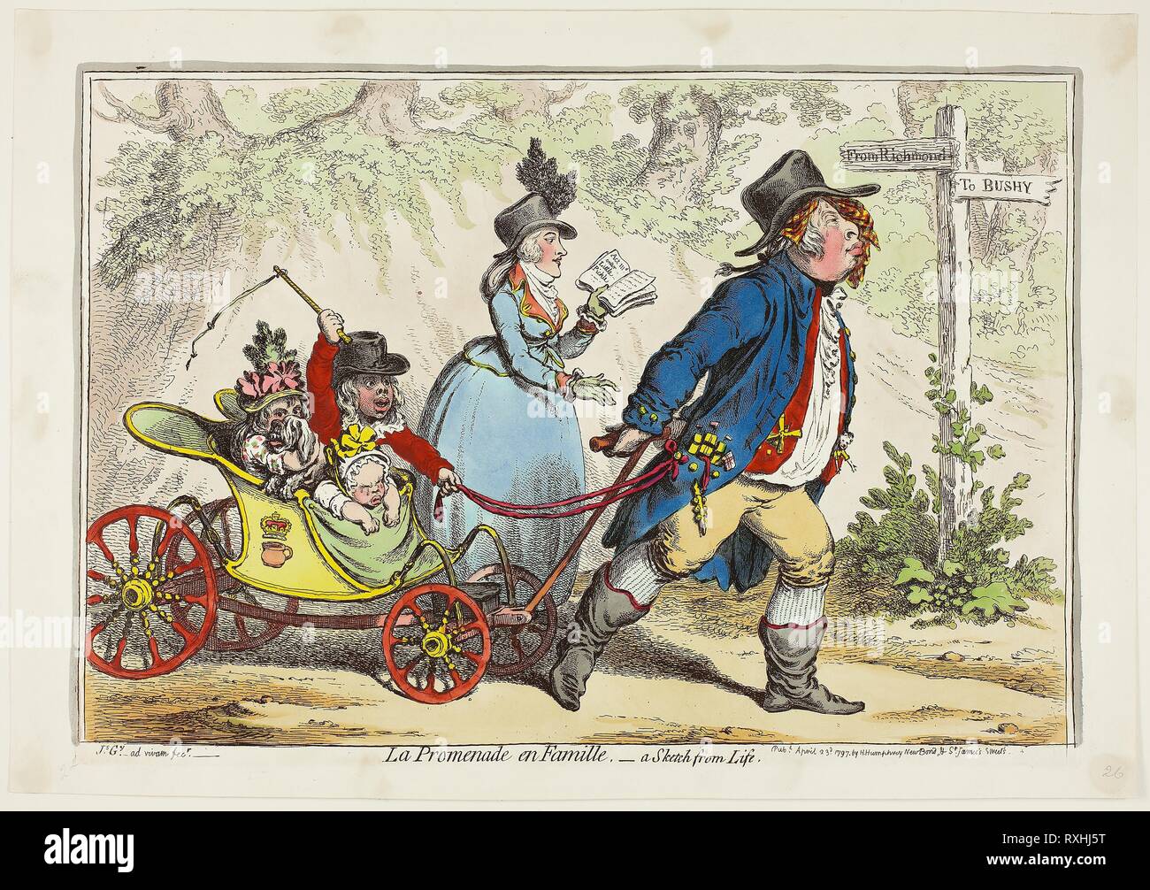 La Promenade en Famille - eine Skizze aus dem Leben. James Gillray (Englisch, 1756-1815); von Hannah Humphrey (Englisch, c. veröffentlicht. 1745-1818). Datum: 1797. Abmessungen: 240 × 360 mm (Bild); 255 × 365 mm (Platte); 285 × 405 mm (Blatt). Handcolorierte Radierung auf Papier. Herkunft: England. Museum: Das Chicago Art Institute. Stockfoto