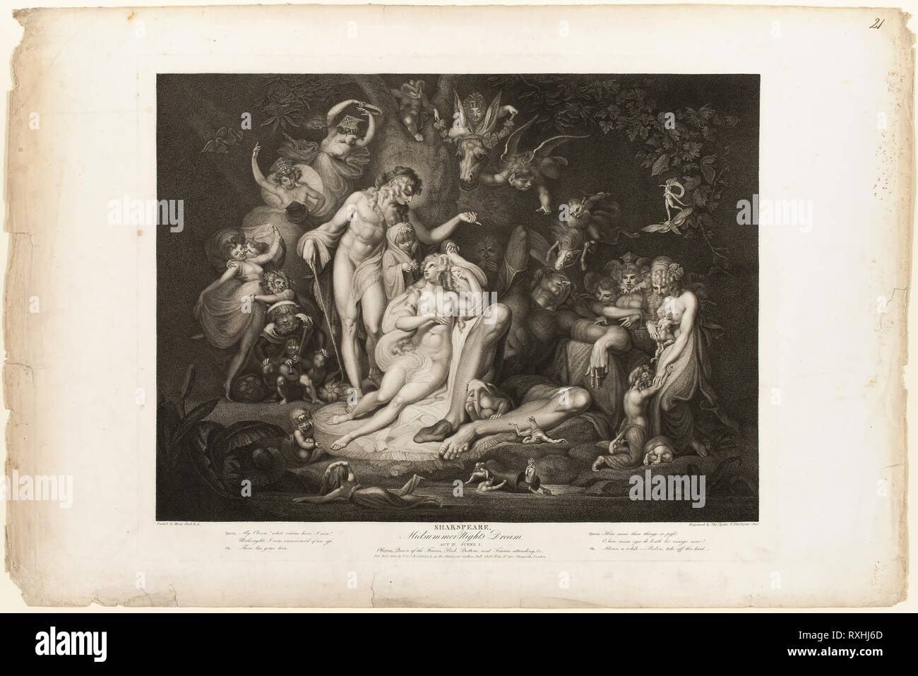 Titania's Erwachen. Thomas Ryder I (Englisch, 1746-1810); nach Henry Fuseli (Schweizer, in England aktiv, 1741-1825); veröffentlicht von John boydell (Englisch, 1719-1804); geschrieben von William Shakespeare (Englisch, 1564-1616). Datum: 1803. Abmessungen: 495 x 630 mm (Platte); 597 × 880 mm (Blatt). Gravur auf Elfenbein webte Papier. Herkunft: England. Museum: Das Chicago Art Institute. Stockfoto