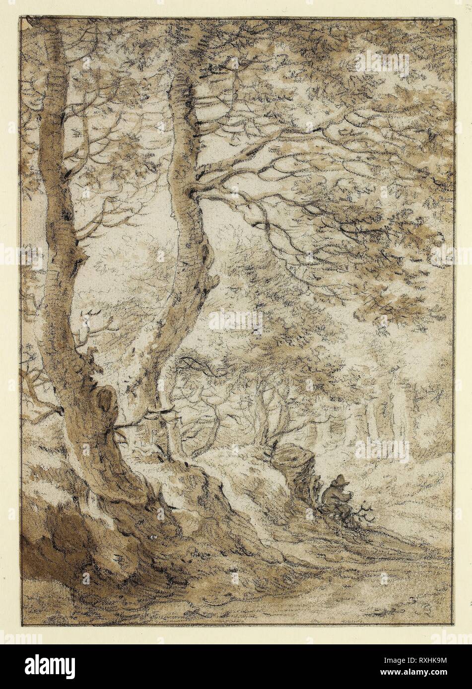 Ein Wald Innenraum, mit einem Sitzende Figur. Herman Saftleven; Niederländisch, 1609-1685. Datum: 1629-1685. Abmessungen: 184 x 130 mm. Schwarze Kreide und Bürste und Braun waschen, mit einem Hauch von Schwarzer Zeichenstift und Spuren von weißen Gouache, mit schwarzer Tinte Rahmung Linien, auf Elfenbein Bütten. Herkunft: Niederlande. Museum: Das Chicago Art Institute. Autor: Herman Saftleven II. Stockfoto