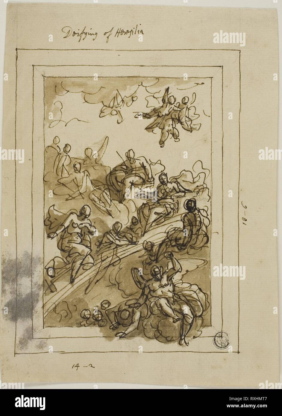 Vergöttlichende von Horofilia. James Thornhill; Englisch, 1675-1734. Datum: 1695-1734. Abmessungen: 207 × 151 mm. Pen und Braun mit Pinsel und Farbe braun Waschen, über Graphit, auf Creme Bütten. Herkunft: England. Museum: Das Chicago Art Institute. Stockfoto
