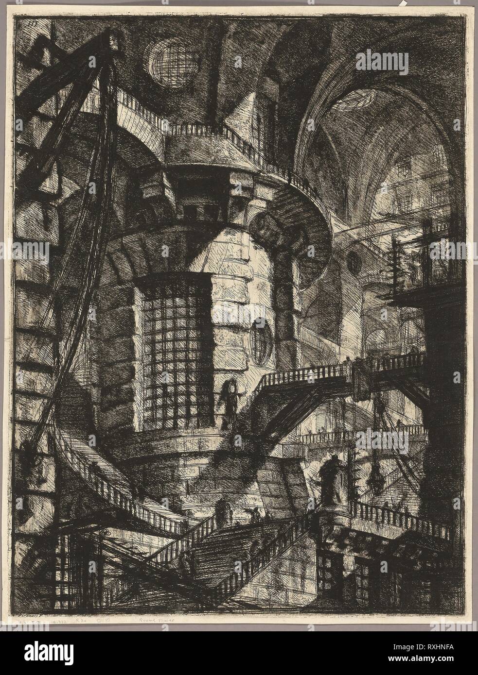 Der runde Turm, Platte 3 ab der zweiten Ausgabe der Carceri d'invenzione (imaginäre Gefängnisse). Giovanni Battista Piranesi, Italienischer, 1720-1778. Datum: 1761-1765. Abmessungen: 542 x 410 mm (Bild); 549 x 416 mm (Platte); 561 x 425 mm (Blatt). Ätzung, Gravur, Schwefel Tint und Brünieren in Schwarz auf Elfenbein Bütten. Herkunft: Italien. Museum: Das Chicago Art Institute. Stockfoto