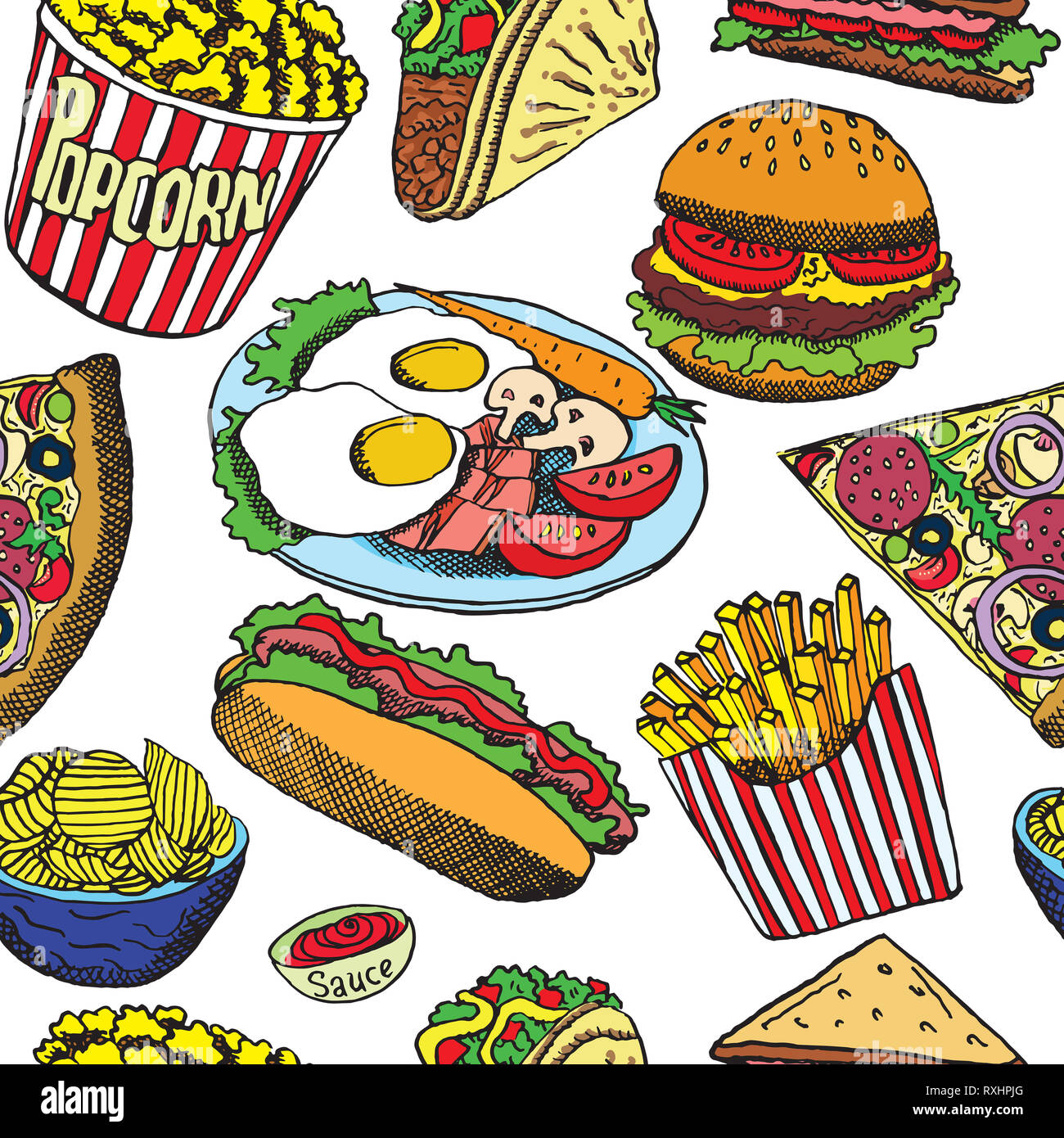 Hot Dog mit einem Würstchen, Hamburger, Sandwich, Tacos, Popcorn, Chips, Pommes frites, Pizza mit Salami, Speck und Eier auf Platte, handgezeichnete Skizze Stockfoto