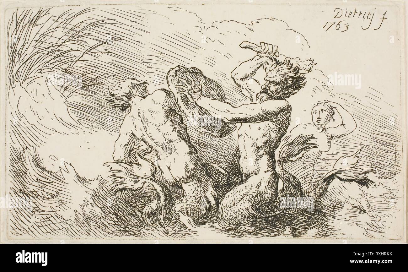 Schlacht von Tritons. Christian Wilhelm Ernst Dietrich; Deutsch, 1712-1774. Datum: 1763. Abmessungen: 84 x 142 mm (Platte); 87 x 145 mm (Blatt). Radierung auf Papier. Herkunft: Deutschland. Museum: Das Chicago Art Institute. Stockfoto