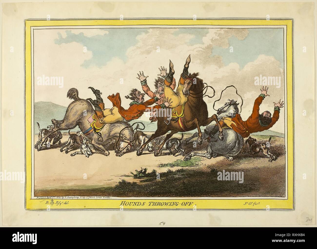 Jagdhunde Abwerfen. James Gillray (Englisch, 1756-1815); nach Brownlow Norden (Englisch, 1778-1829). Datum: 1800. Abmessungen: 247 × 347 mm (Bild); 250 × 350 mm (Platte); 290 × 405 mm (Blatt). Handcolorierte Radierung auf Papier. Herkunft: England. Museum: Das Chicago Art Institute. Stockfoto