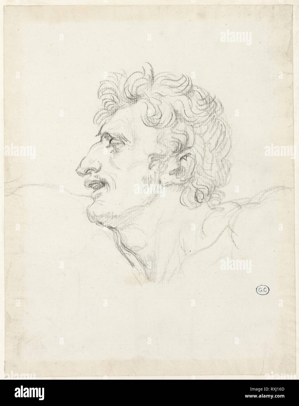 Kopf eines Mannes, Links Profil. Jacques Louis David; Französisch, 1748-1825. Datum: 1805-1815. Abmessungen: 210 x 165 mm. Graphit, mit Spuren von Schwarze Kreide, Bütten, Edge auf Creme webte Papier montiert. Herkunft: Frankreich. Museum: Das Chicago Art Institute. Stockfoto