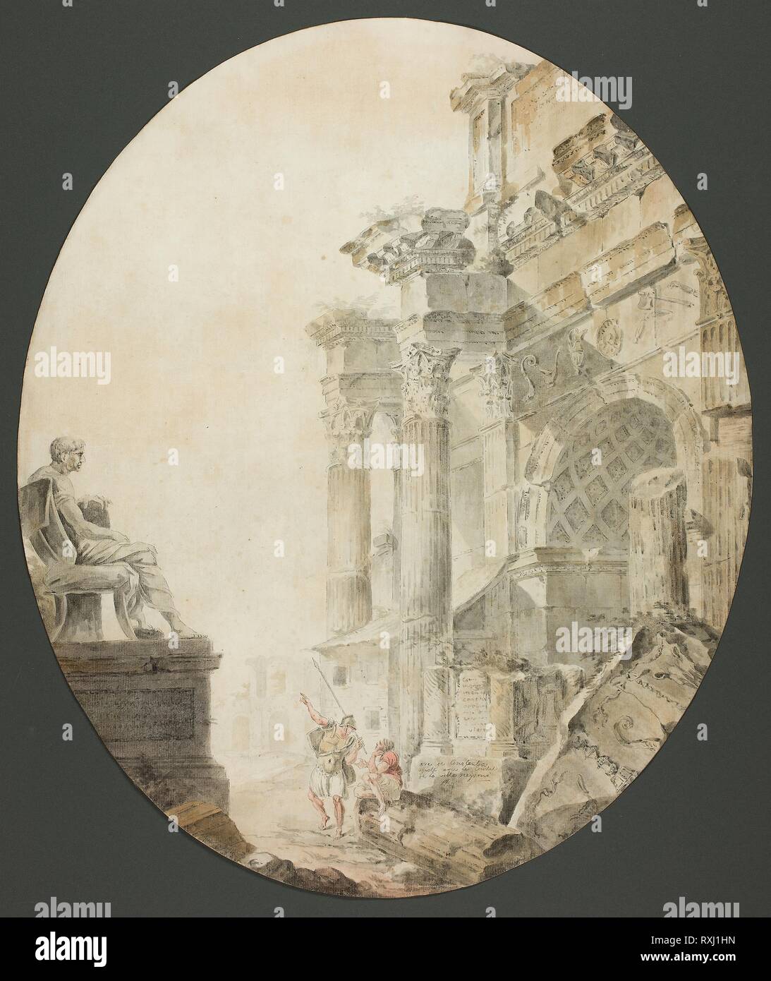 Triumphbogen des Konstantin mit Statue von Nero. Hubert Robert; Französisch, 1733-1808. Datum: 1765-1775. Abmessungen: 486 × 408 mm. Feder und schwarzer Tusche und Pinsel in Grau waschen, mit Aquarell, auf Elfenbein oval geformte Bütten. Herkunft: Frankreich. Museum: Das Chicago Art Institute. Stockfoto