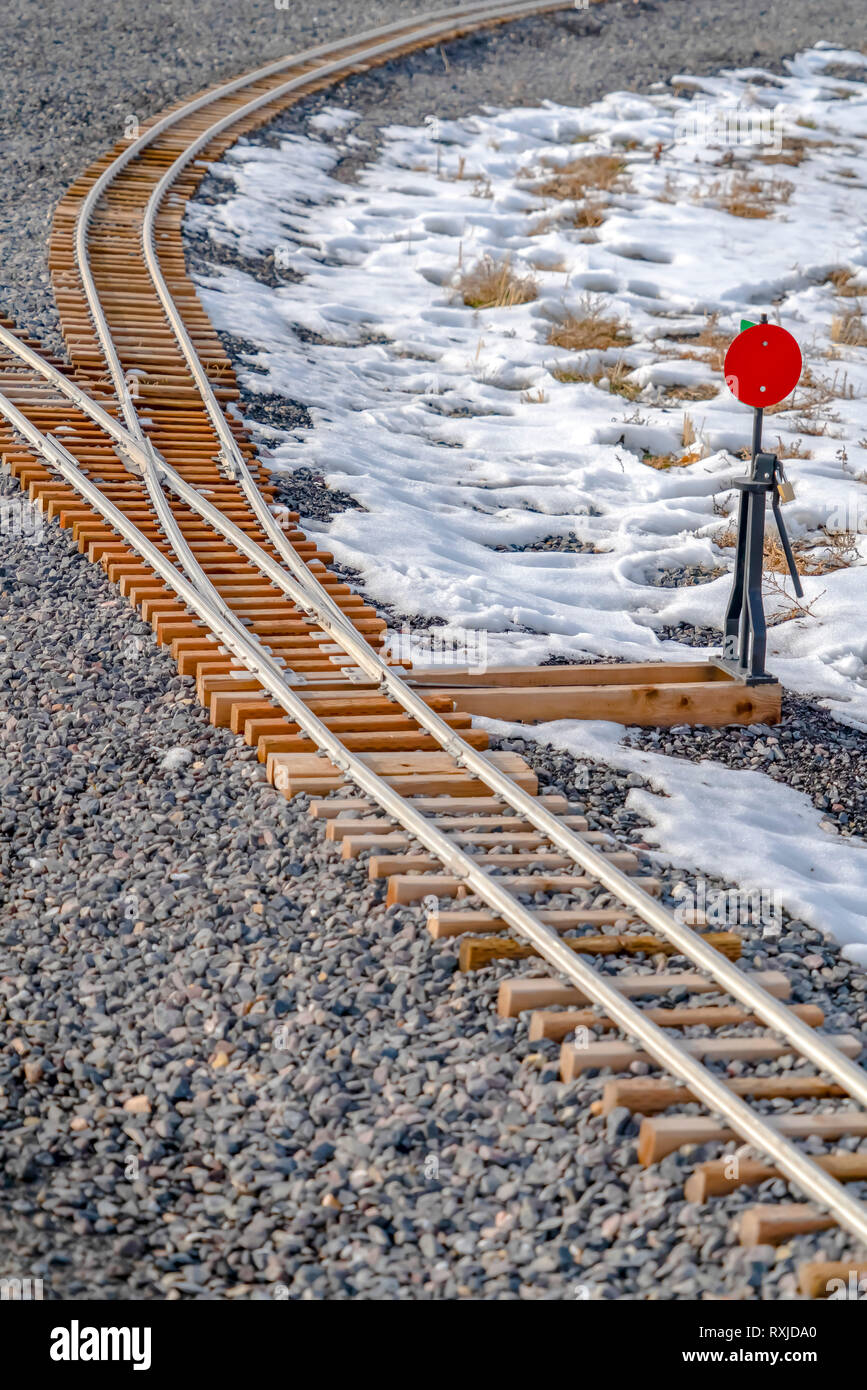 Eisenbahn Switch auf einer Eisenbahn Kreuzung im Winter Stockfoto