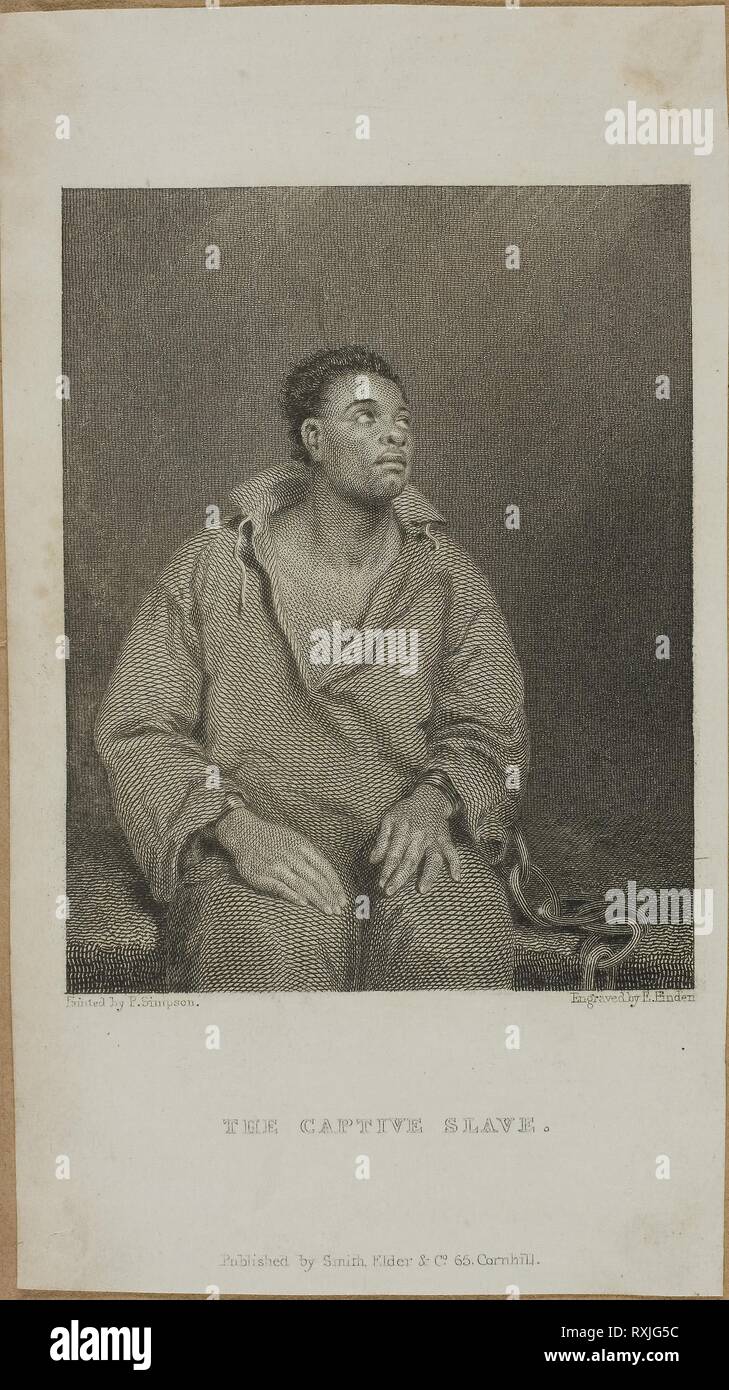 Die Unverlierbaren Slave. Edward Finden (Englisch, 1791-1857); nach John Simpson (Englisch, 1782-1847); veröffentlicht von Smith Elder und Unternehmen (Englisch, 19. Jahrhundert). Datum: 1827. Abmessungen: 85 x 66 mm (Bild/Platte); 137 x 78 mm (Blatt). Gravur auf Creme webte Papier, gespitzt Braun wob auf Papier. Herkunft: Großbritannien. Museum: Das Chicago Art Institute. Stockfoto