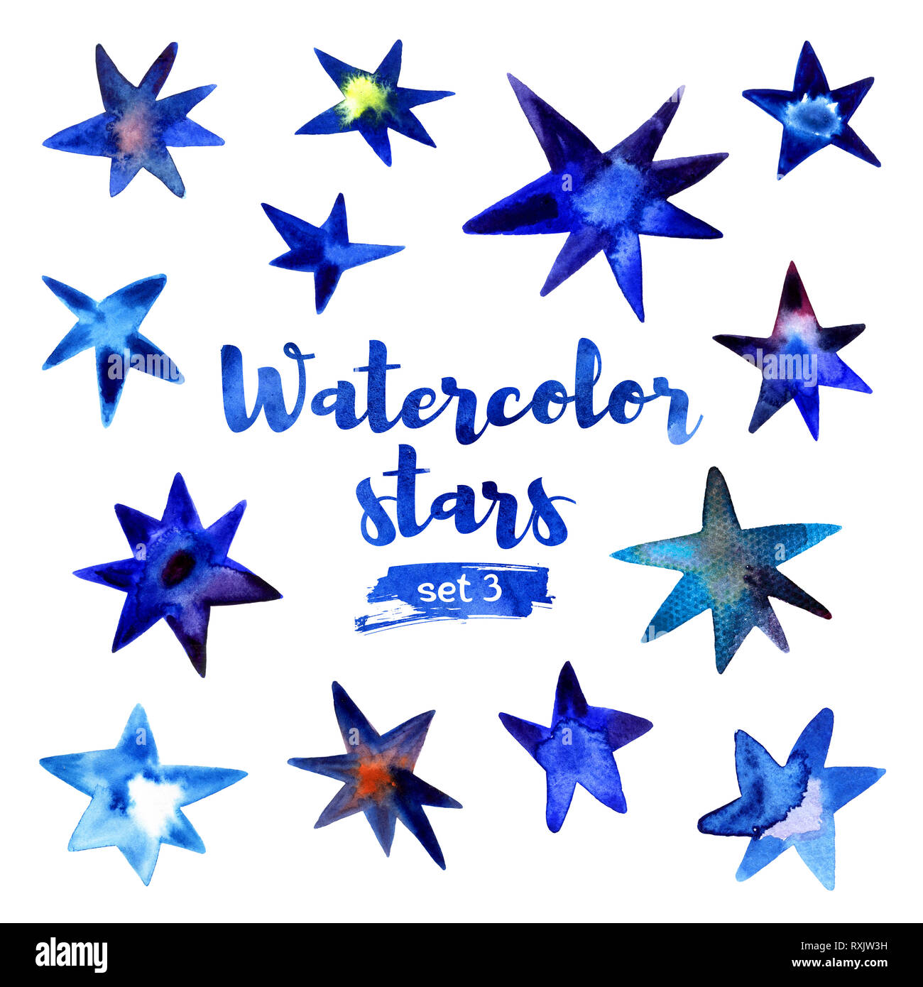Gezeichnet aquarell Sterne. Satz Nummer drei auf einem weißen Hintergrund. Stockfoto