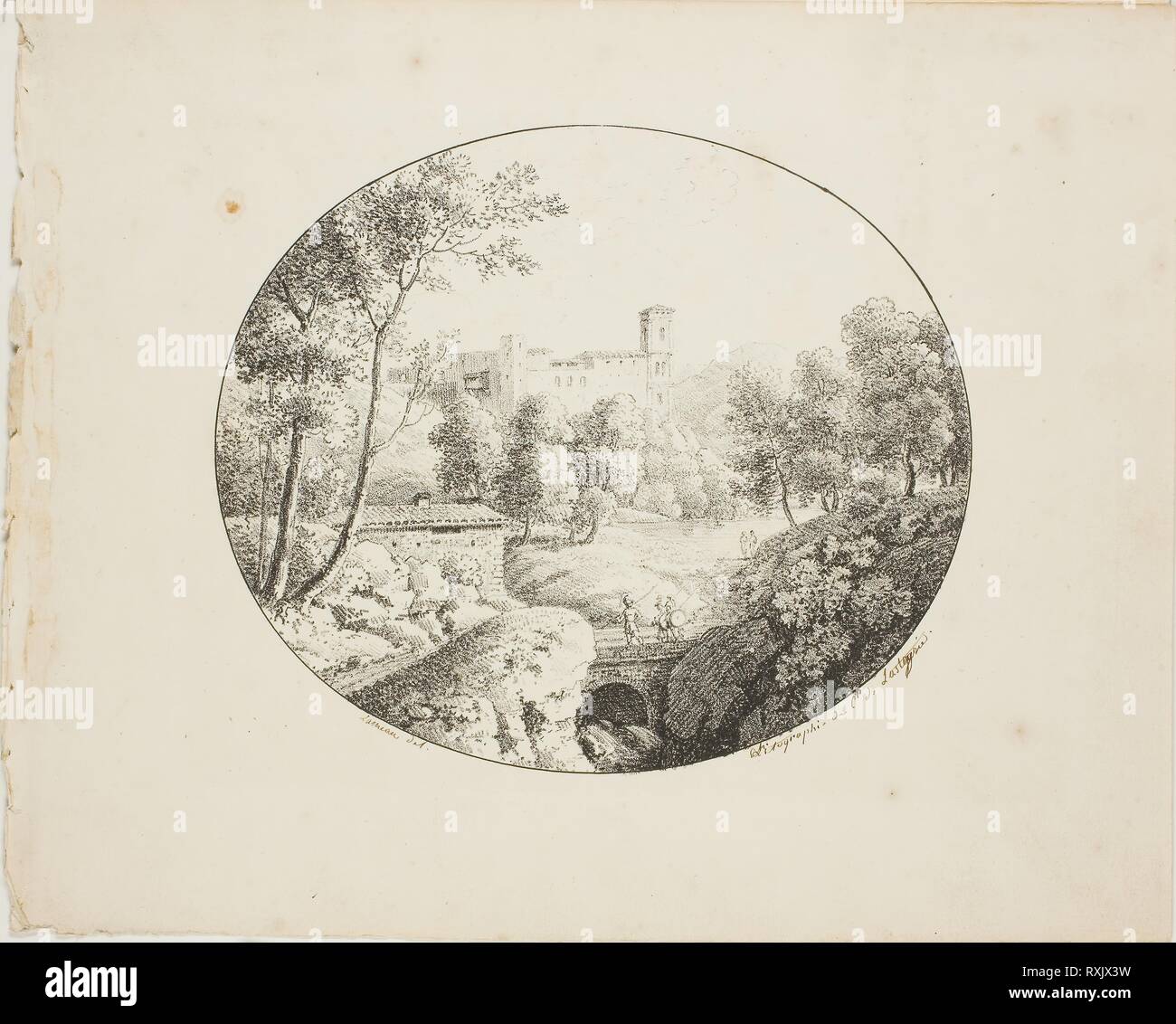 Landschaft in ein Oval. Lameau (Französisch, aktive 1803-1822); gedruckte von Comte de Charles Philibert Lasteyrie du Saillant (Französisch, 1759-1849). Datum: 1817-1821. Abmessungen: 147 × 171 mm (Bild); 214 × 265 mm (Blatt). Lithographie in Schwarz auf Elfenbein webte Papier. Herkunft: Frankreich. Museum: Das Chicago Art Institute. Stockfoto