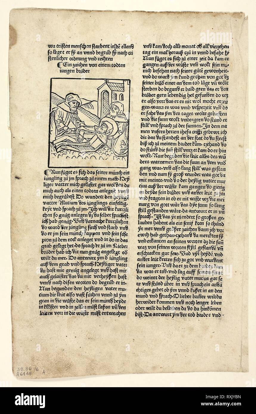 Ein Token von einem Toten jungen Bruder (recto) und Vater Mucius in seiner Zelle (verso) von Altvaeterleben (Das Leben der Patriarchen), Platte 6 von Holzschnitten aus Büchern des 15. Jahrhunderts. Unbekannter Künstler (Augsburg, 15. Jahrhundert); gedruckt und von Peter Berger (Deutsch, Active 1486-1489) veröffentlicht; original Text vom Hl. Hieronymus (Dalmatien, C. 347-420); portfolio Text von Wilhelm Ludwig Schreiber (Deutsch, 1855-1932). Datum: 1488. Abmessungen: 71 x 63 mm (Bild, recto); 71 x 60 mm (Bild, verso); 291 x 189 mm (Blatt). Holzschnitt und Buchdruck in Schwarz (Recto und verso) auf festem Bütten, Trinkgeld auf Creme webte p Stockfoto