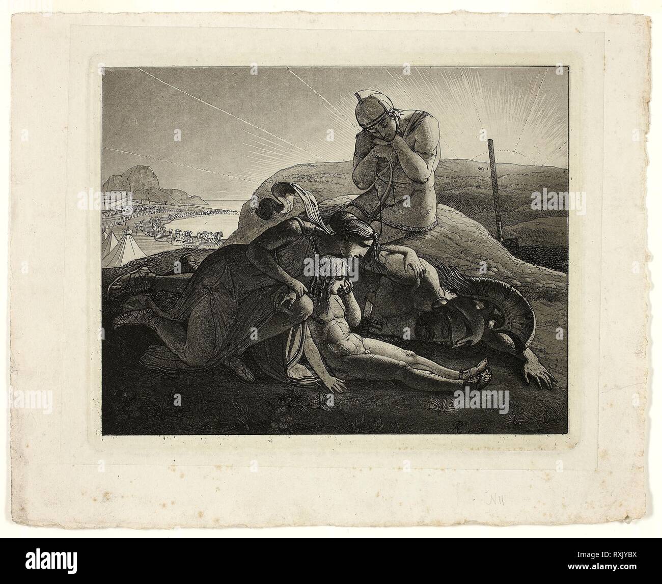 Tecmessa, Ihr Sohn und Teucer beklagen die Toten Ajax. Carl Russ; Österreichische, 1779-1843. Datum: 1809. Abmessungen: 178 x 209 mm (Platte); 185 × 227 mm (Primary Support); 218 × 268 mm (sekundäre) unterstützen. Radierung und Aquatinta in Schwarz auf Creme webte Papier, legte sich auf Elfenbein webte Papier (chine collé). Herkunft: Österreich. Museum: Das Chicago Art Institute. Stockfoto