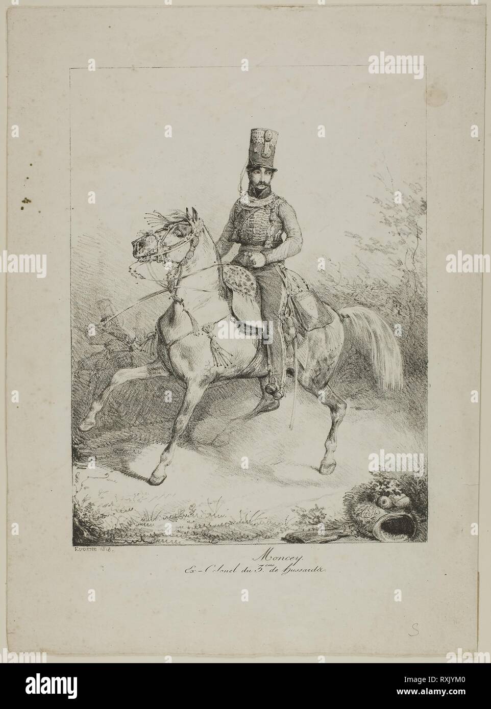 Moncey, Ex-Oberst des dritten Husarenregiment. Eugène L. Lami; Französisch, 1800-1890. Datum: 1818. Abmessungen: 259 × 194 mm (Bild); 353 × 257 mm (Blatt). Lithographie in Schwarz auf Elfenbein webte Papier. Herkunft: Frankreich. Museum: Das Chicago Art Institute. Autor: Eugene LOUIS LAMI. Stockfoto