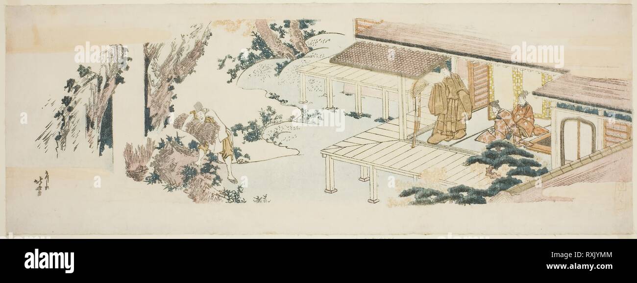 Knecht werfen Bündel von Niederlassungen in Wasserfall. Katsushika Hokusai?? ??; Japanisch, 1760-1849. Datum: 1805-1815. Abmessungen: 7 3/4 x 21 in. Farbe holzschnitt; ebangire, surimono. Herkunft: Japan. Museum: Das Chicago Art Institute. Stockfoto
