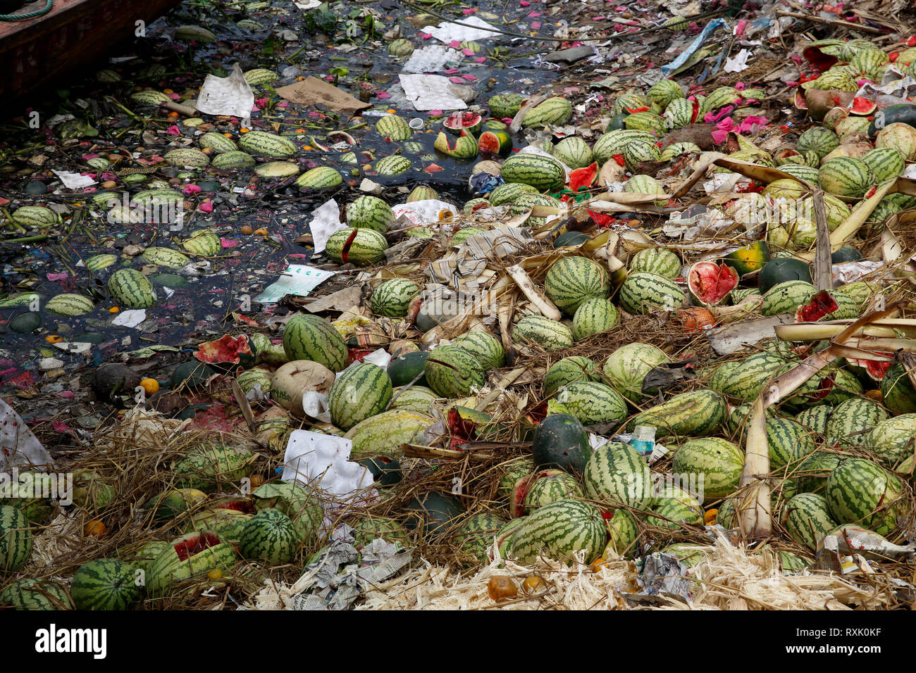 Verrottete Wassermelone auf der Bank von buriganga River. Dhaka, Bangladesch Stockfoto