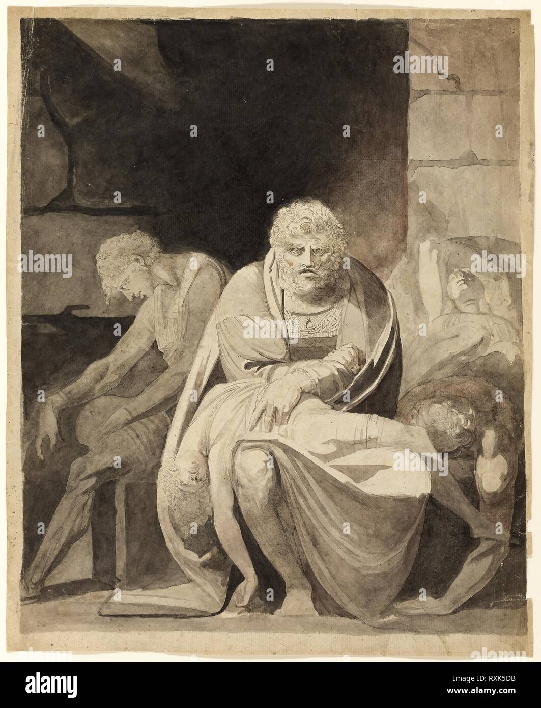 Ugolino und seine Söhne zu Tode hungern in den Turm. Henry Fuseli; Schweizer, in England aktiv, 1741-1825. Datum: 1806. Abmessungen: 639 × 522 mm. Feder und schwarzer Tusche und Pinsel und schwarz, grau, rot und Waschen, über Spuren von Graphit, gräulich-elfenbein Bütten. Herkunft: England. Museum: Das Chicago Art Institute. Stockfoto