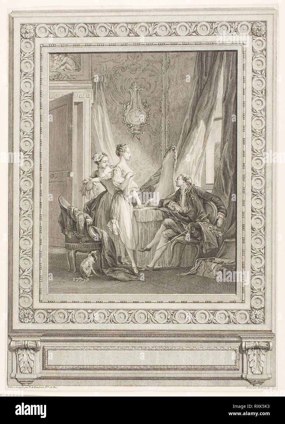 Dressing. Nicolas Ponce (Französisch, 1746-1831); nach Pierre Antoine Baudouin (Französisch, 1723-1769). Datum: 1771. Abmessungen: 245 × 190 mm (Bild); 390 × 276 mm (Blatt). Radierung auf Papier. Herkunft: Frankreich. Museum: Das Chicago Art Institute. Stockfoto