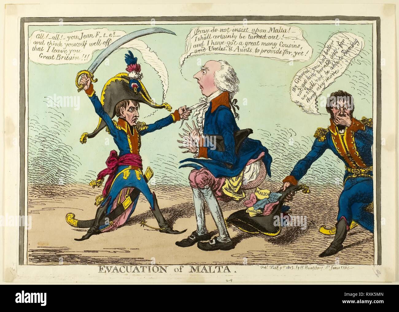 Evakuierung von Malta. James Gillray (British, 1756-1815); von Hannah Humphrey (Englisch, c. veröffentlicht. 1745-1818). Datum: 1803. Abmessungen: . Radierung, mit hand-Färbung, auf Papier. Herkunft: England. Museum: Das Chicago Art Institute. Stockfoto