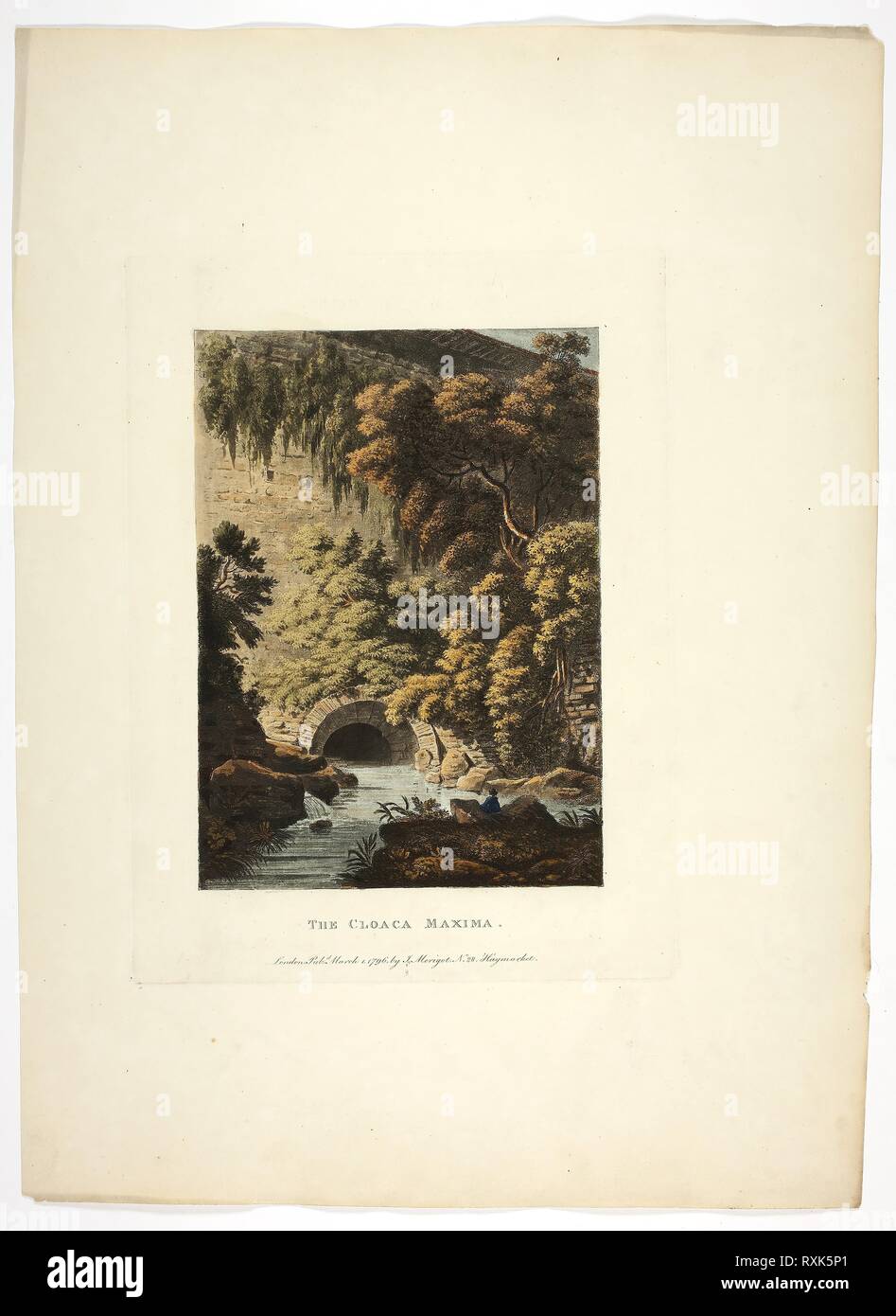 Die Kloake Maxima, Platte drei aus Ruinen von Rom. M. Dubourg, (Englisch, aktive 1786-1838); veröffentlicht von J. Merigot (Italienisch, Unbekannt). Datum: 1796. Abmessungen: 448 x 330 mm (Blatt). Handcolorierte Aquatinta auf Papier. Herkunft: England. Museum: Das Chicago Art Institute. Stockfoto