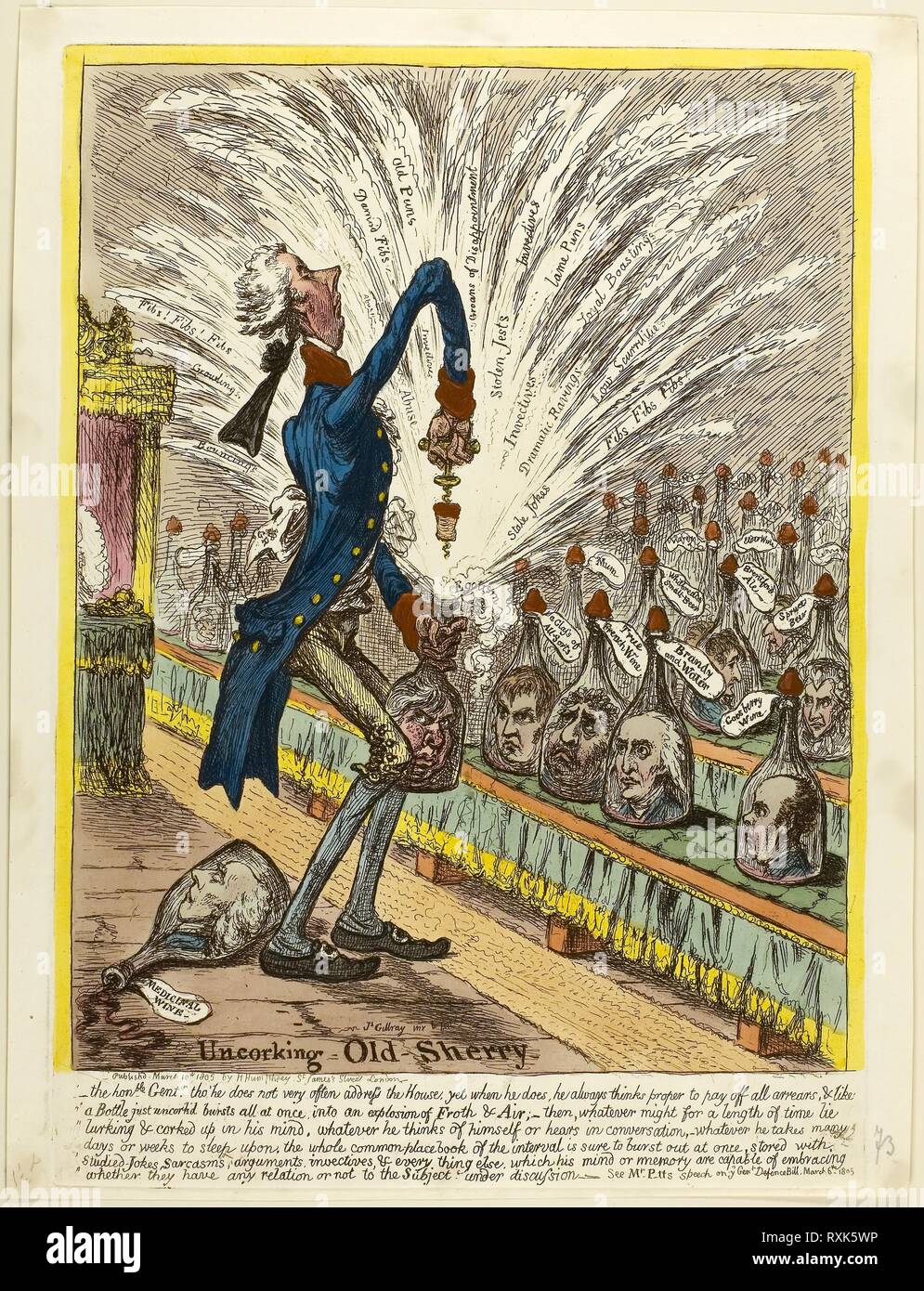 Entkorken alten Sherry. James Gillray (Englisch, 1756-1815); von Hannah Humphrey (Englisch, c. veröffentlicht. 1745-1818). Datum: 1805. Abmessungen: 312 × 240 mm (Bild); 353 × 251 mm (Platte); 368 x 280 mm (Blatt). Handcolorierte Radierung auf Papier. Herkunft: England. Museum: Das Chicago Art Institute. Stockfoto